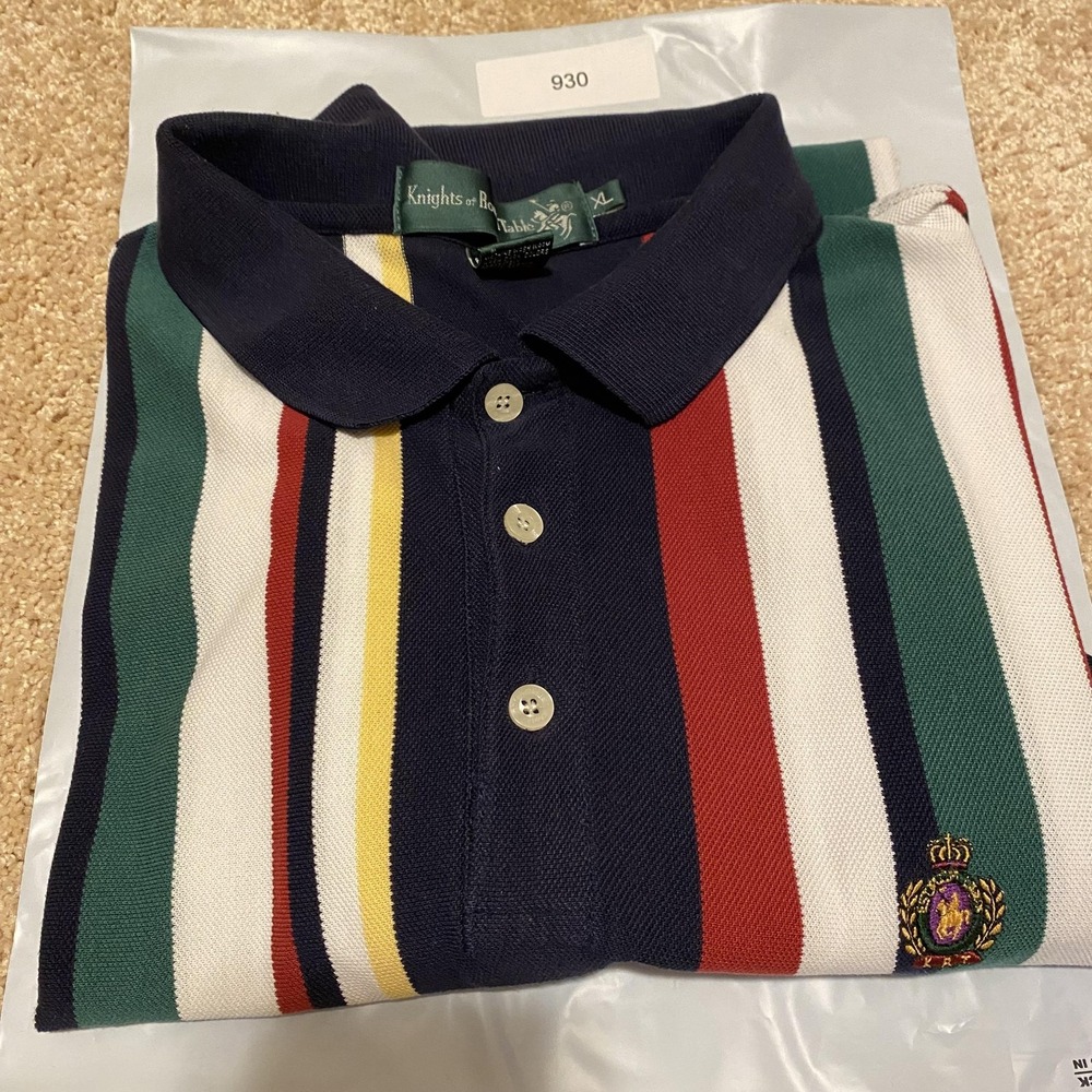 Vintage Knights of Round Table Polo Shirt Mens XL Multicolor Stripe Crest 90s - Picture 9 of 9